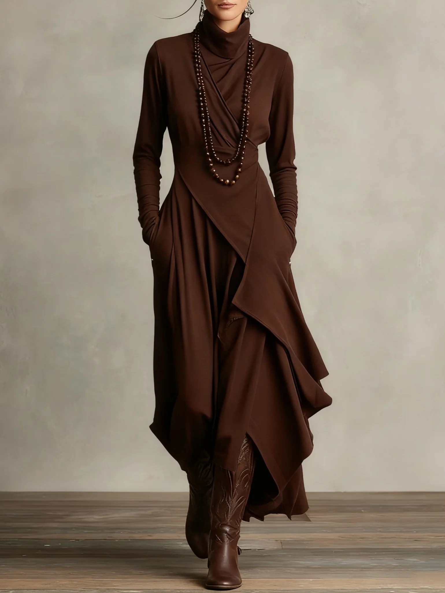 Elegant High-Neck Draped Asymmetrical Maxi Dress