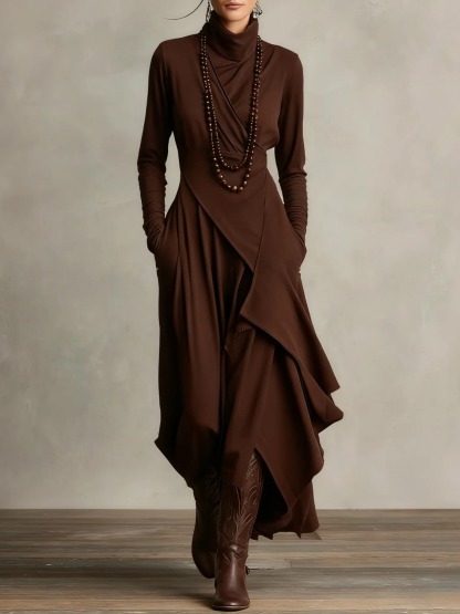 Elegant High-Neck Draped Asymmetrical Maxi Dress