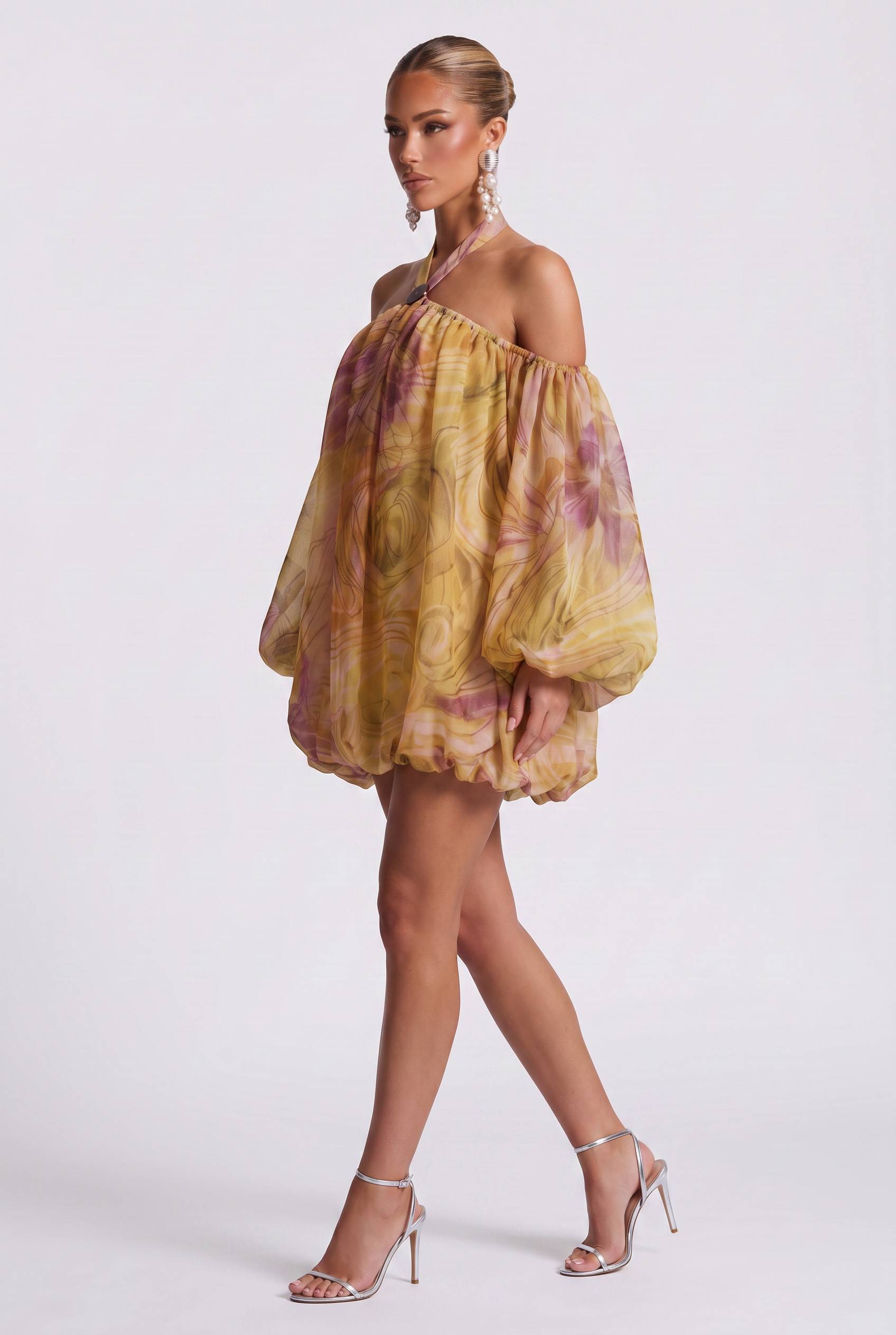 Watercolor Print Hanging Neck Off-shoulder Flower Bud Skirt See-through Bubble Long-sleeved Chiffon Holiday Dress