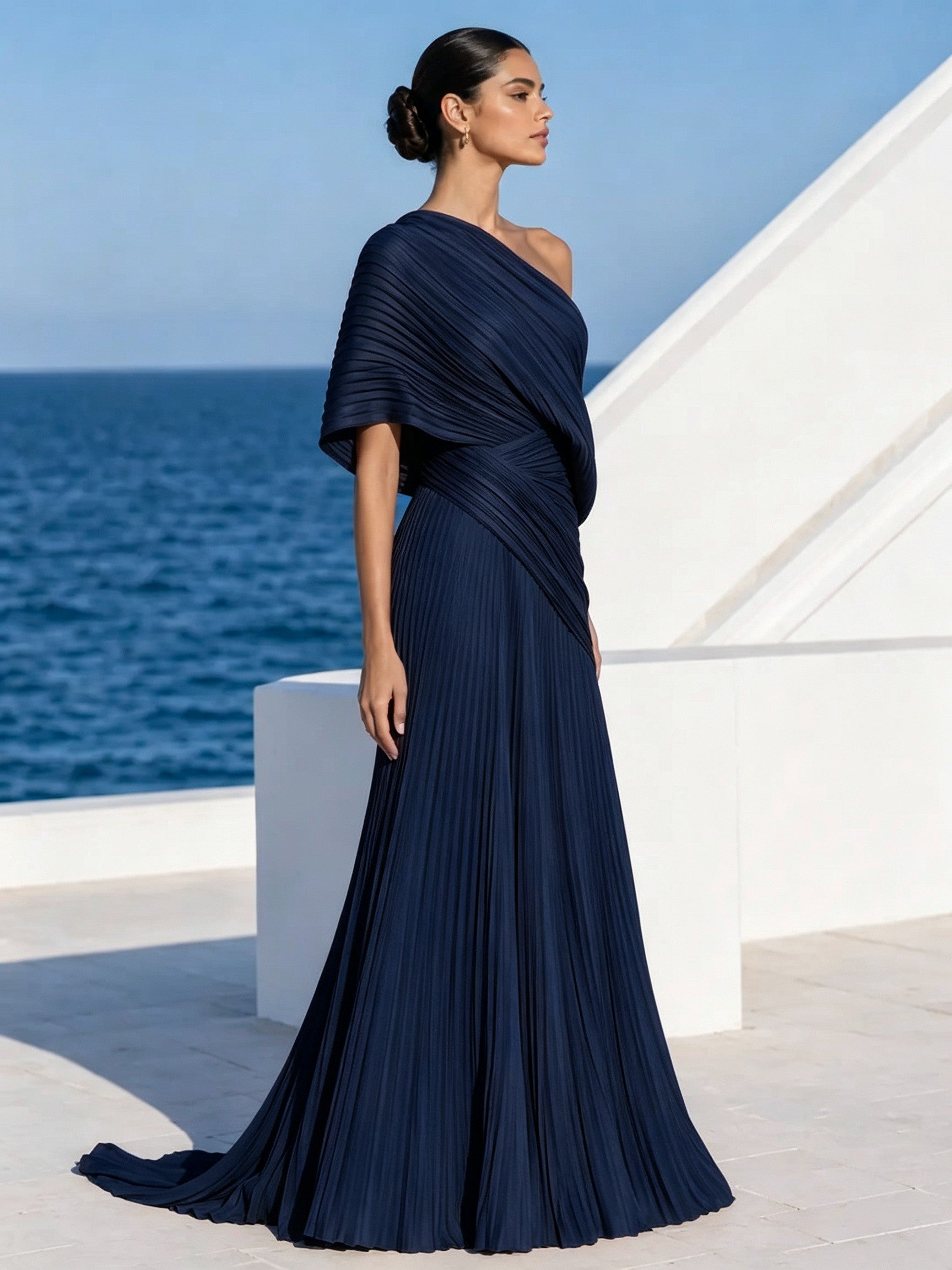 Vibrant Orange One-Shoulder Pleated Maxi Dress – Grecian Gown