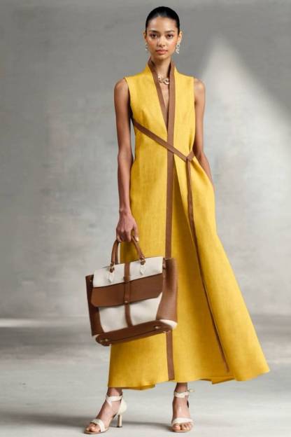 Stand Collar Lace-up Maxi Dress