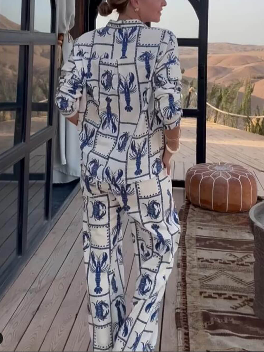 Unique Fun Lobster Pattern Printed Elastic Wide-Leg Pants