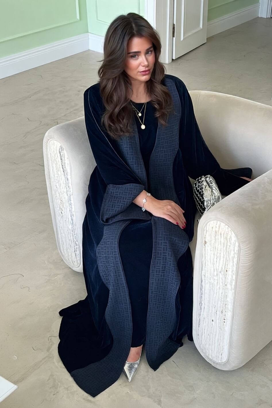 Elegant Navy Blue Printed Velvet Robe Cardigan