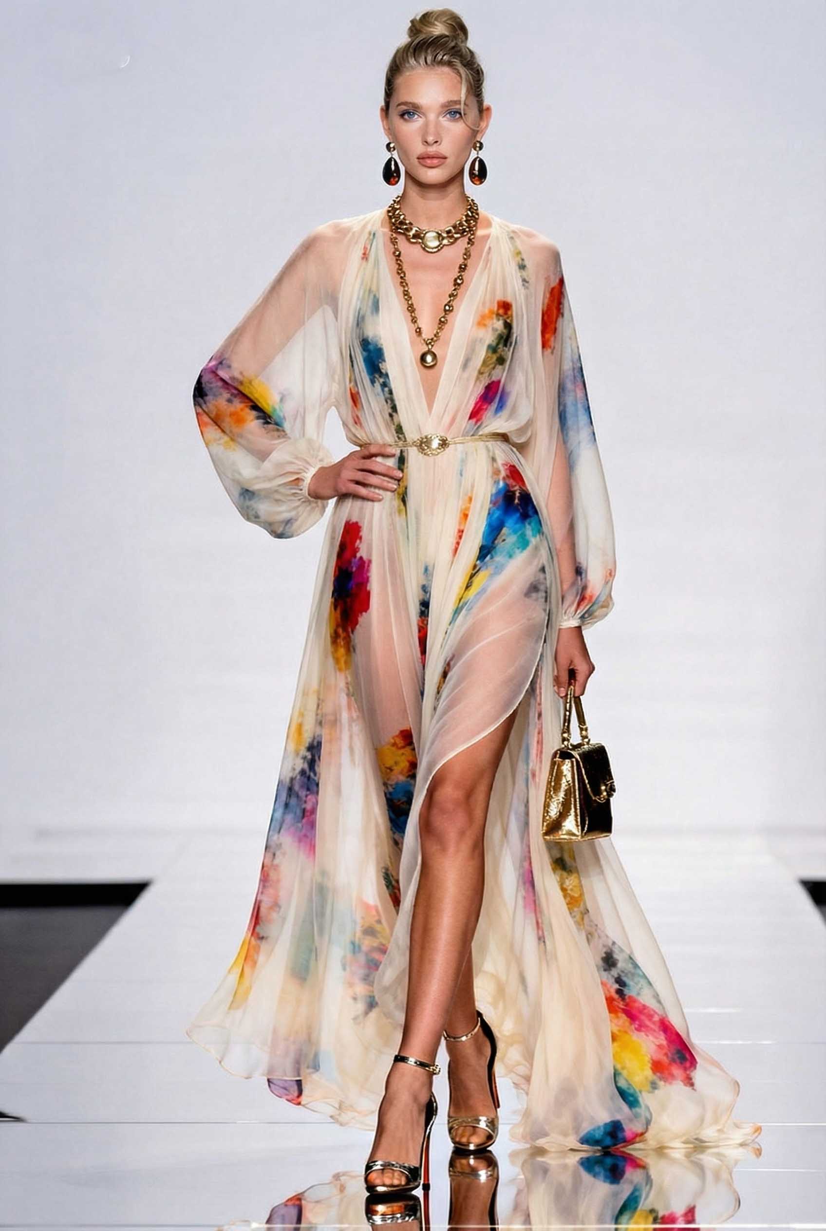 Deep V-Neck Puff Sleeve Printed Maxi Dress