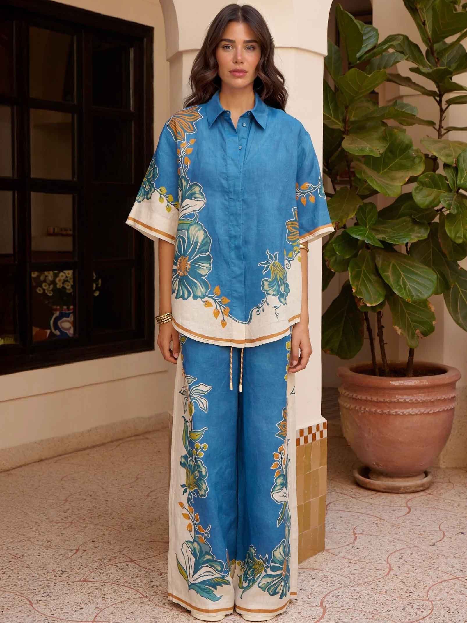 Casual Floral Print Short-sleeved Button-down Shirt