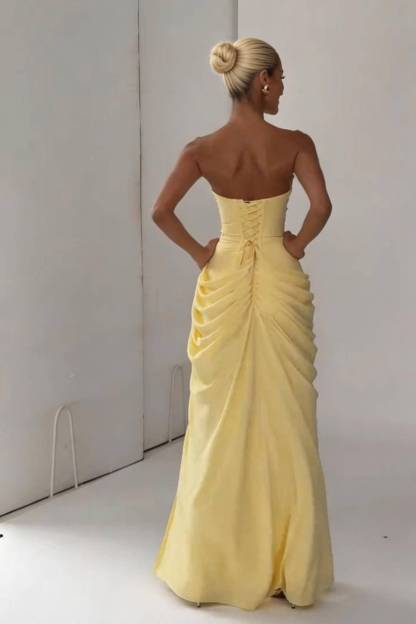 Strapless Pleated Slit Maxi Dress