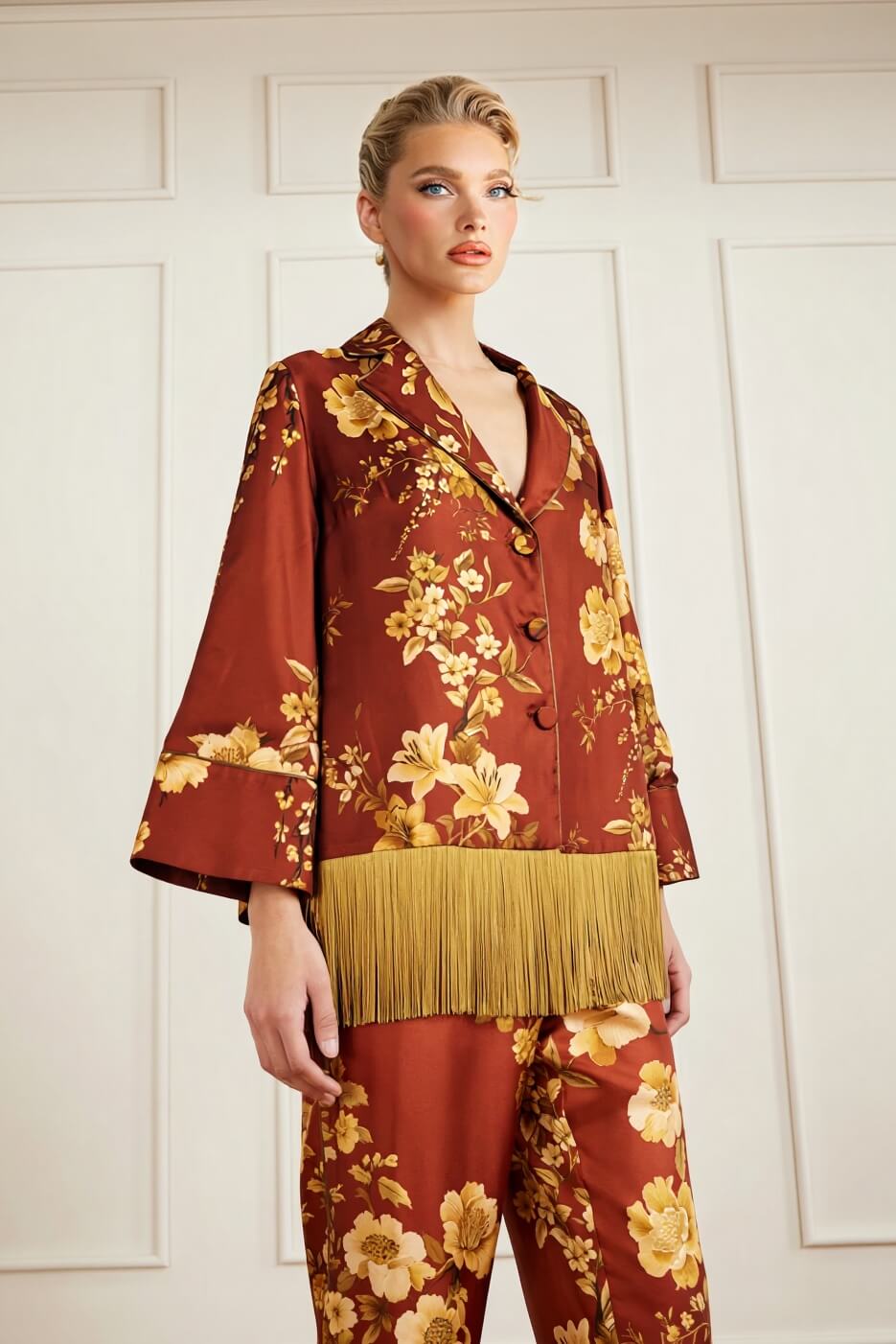 Exquisite Tassel Floral Print Satin Twill Wide-Leg Pants