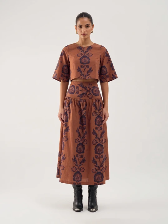 Folk Floral Print Fit-and-Flare Midi Dress