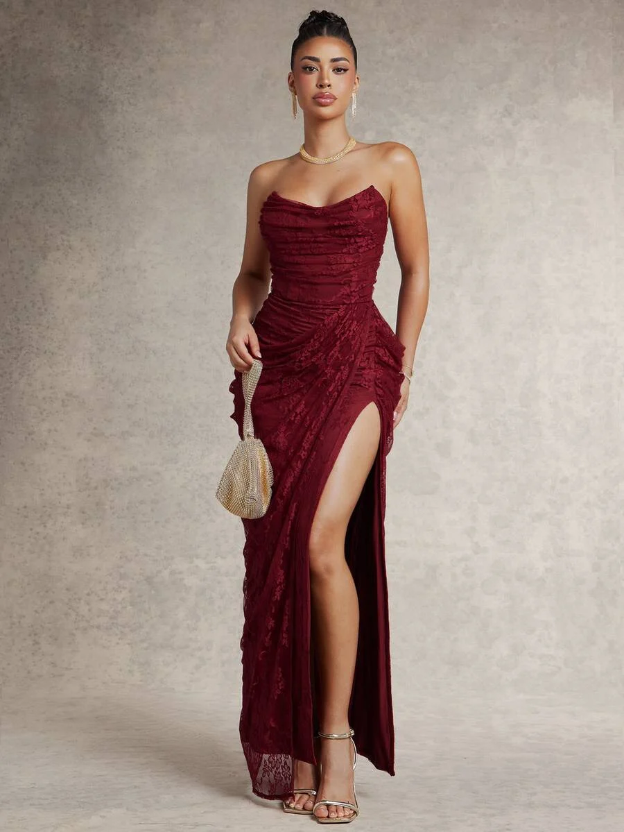Strapless Ruched Lace Slit Maxi Dress in Burgundy