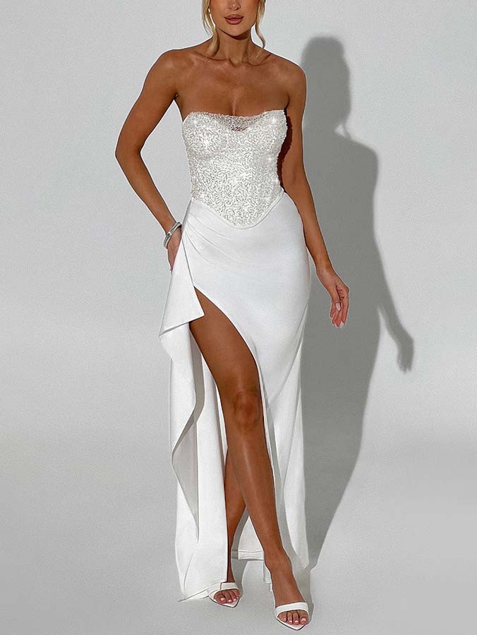 Elegant Sequined Hip-hugging Slit Maxi Skirt