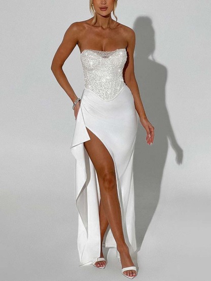 Elegant Sequined Hip-hugging Slit Maxi Skirt