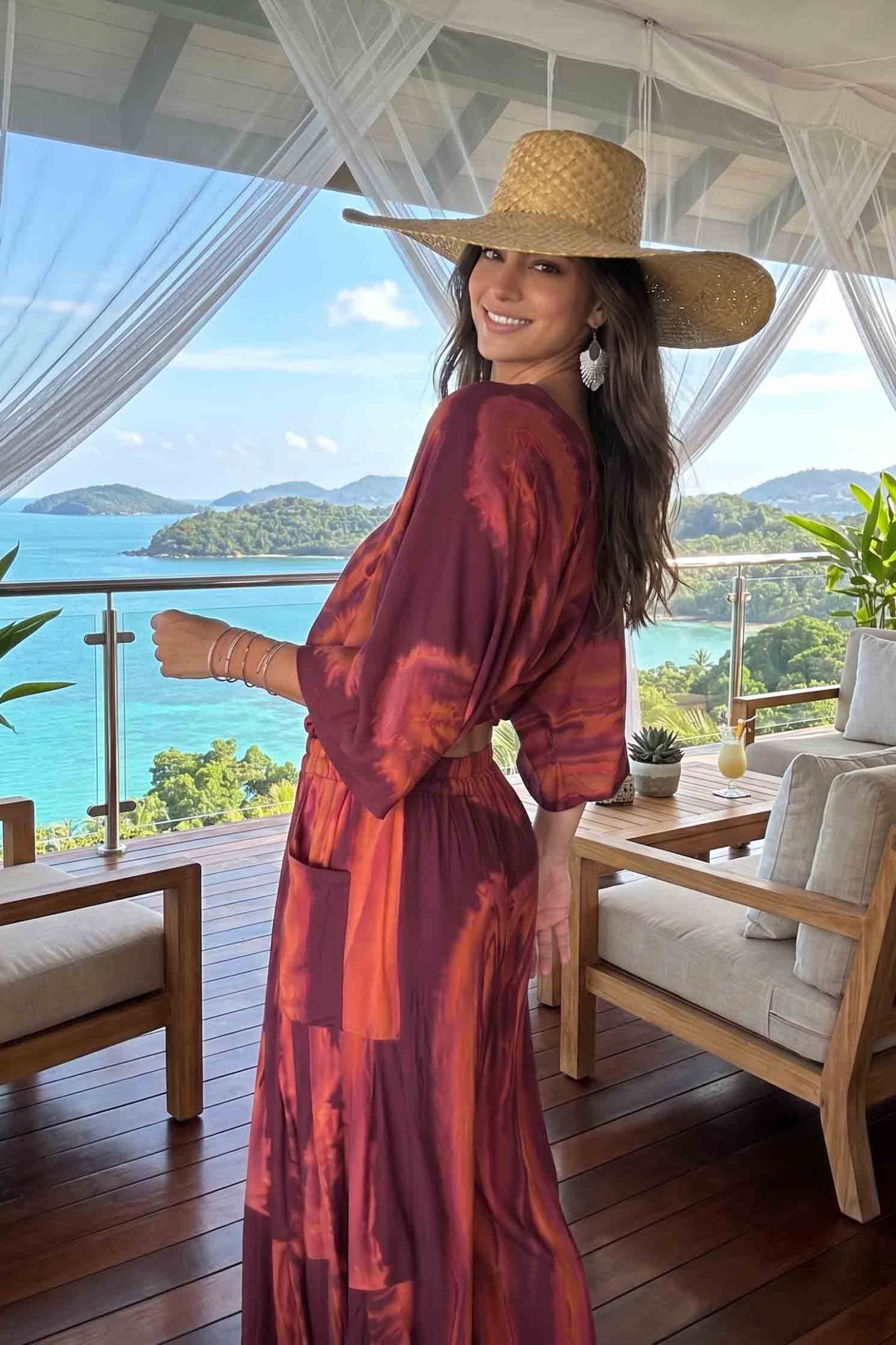 Printed Cardigan And Wide Leg Pants Set