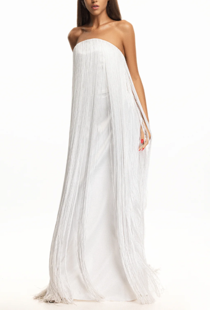 Elegant Strapless Fringe Formal Maxi Dress