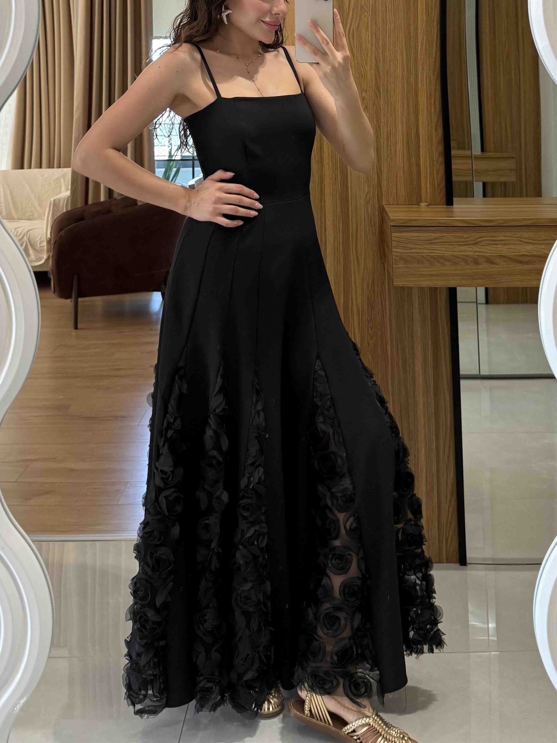 Elegant Rose Floral Applique Spaghetti Strap Midi Dress