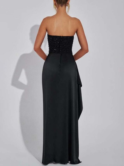 Elegant Sequined Hip-hugging Slit Maxi Skirt
