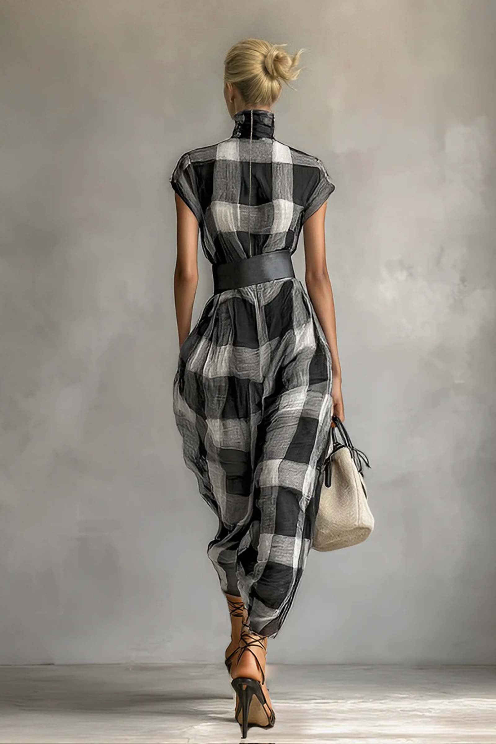 Checked Pattern Stand-Collar Short-Sleeved Dress