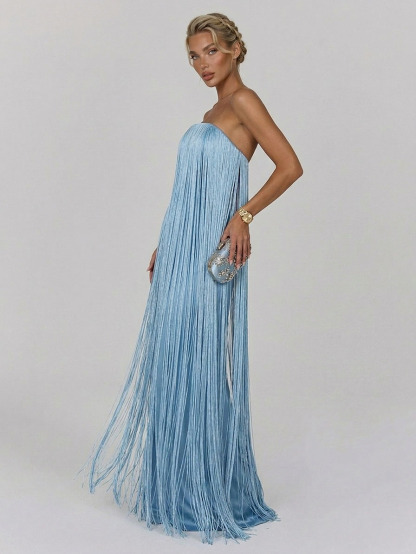 Elegant Strapless Fringe Formal Maxi Dress