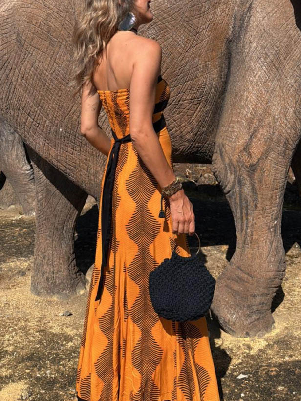 Casual Off-The-Shoulder Printed Tie Maxi Dress