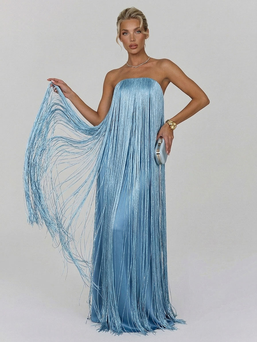Elegant Strapless Fringe Formal Maxi Dress