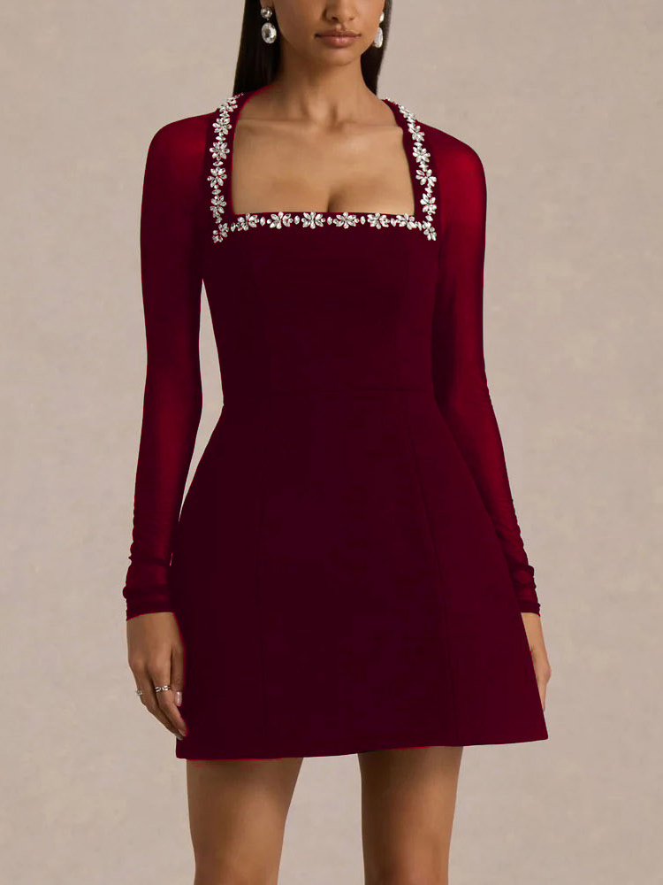 Elegant Crystal-embellished Mesh Sleeve Mini Dress