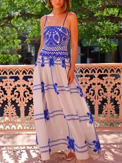 Unique Painted Crochet Floral Print Midi Dress