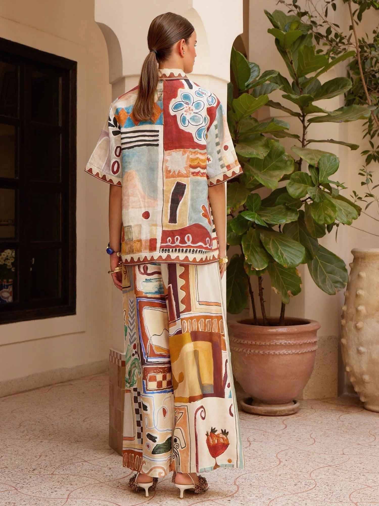 Exquisite Art Floral Print Wide-Leg Pants