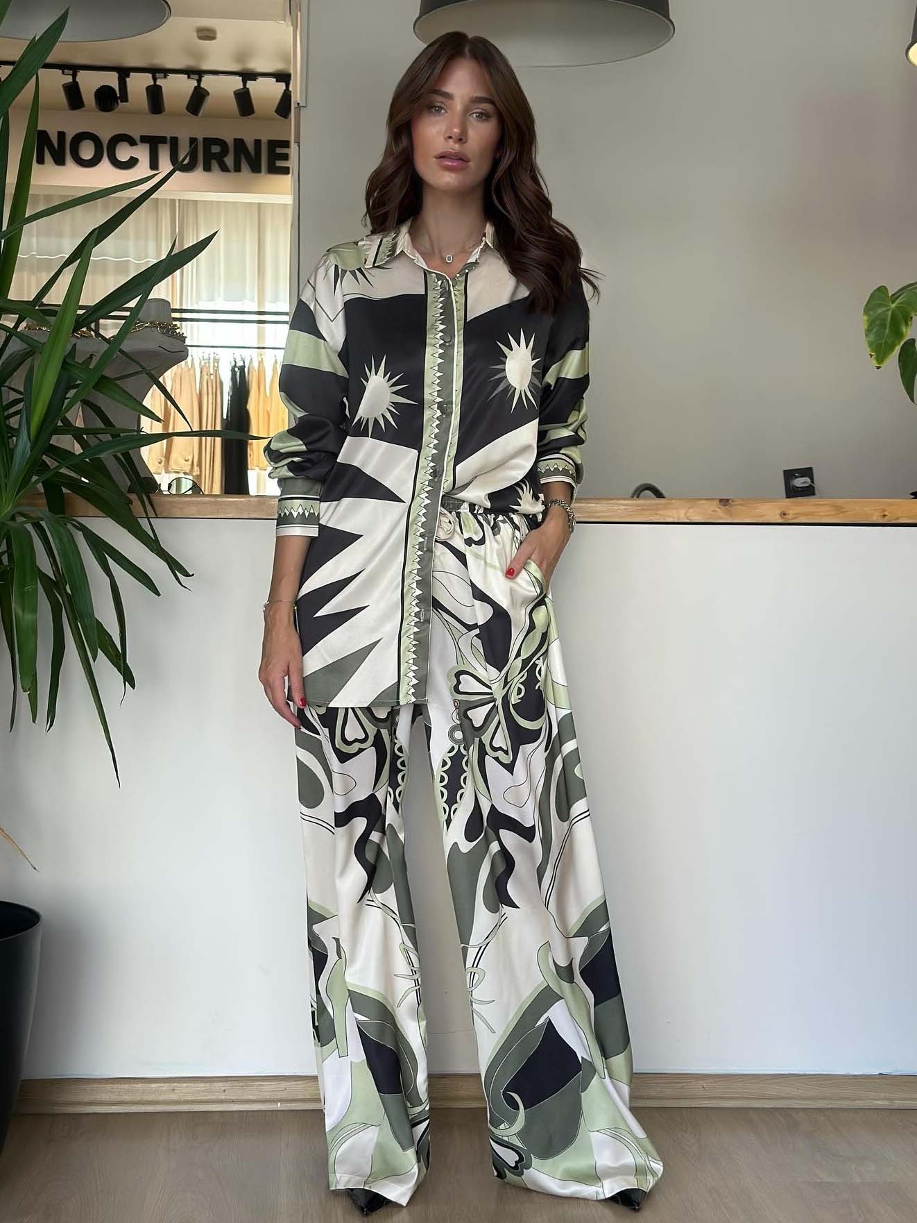 Unique Abstract Print Wide-Leg Satin Pants
