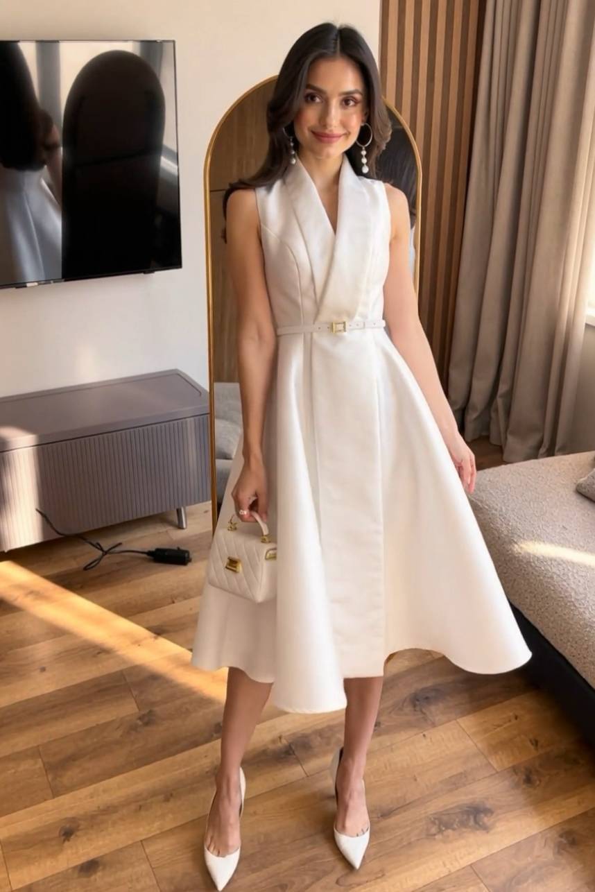 V-Neck High-waisted A- Line Midi Dress