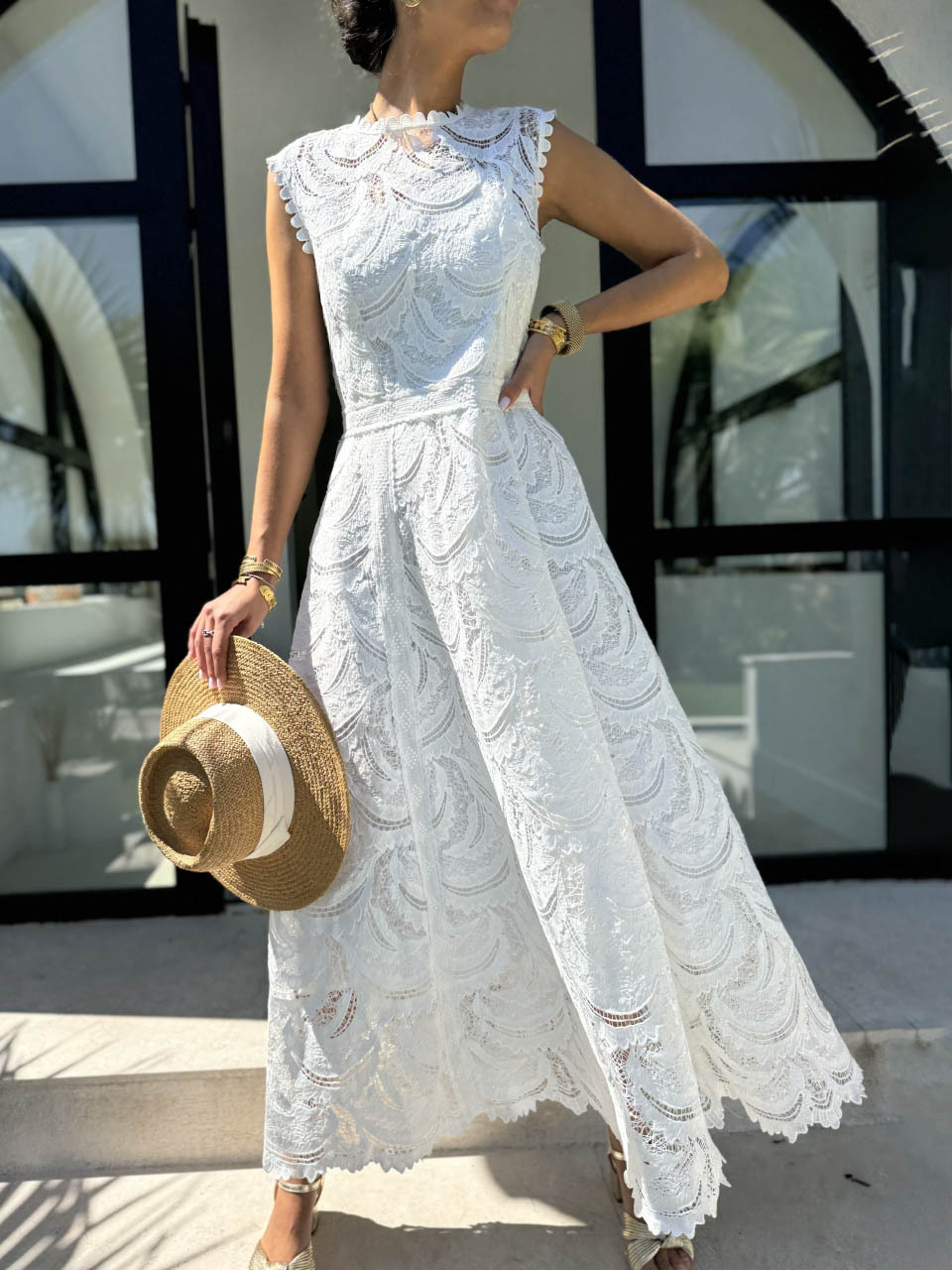 Elegant Exquisite Lace Embroidery A-line Maxi Dress