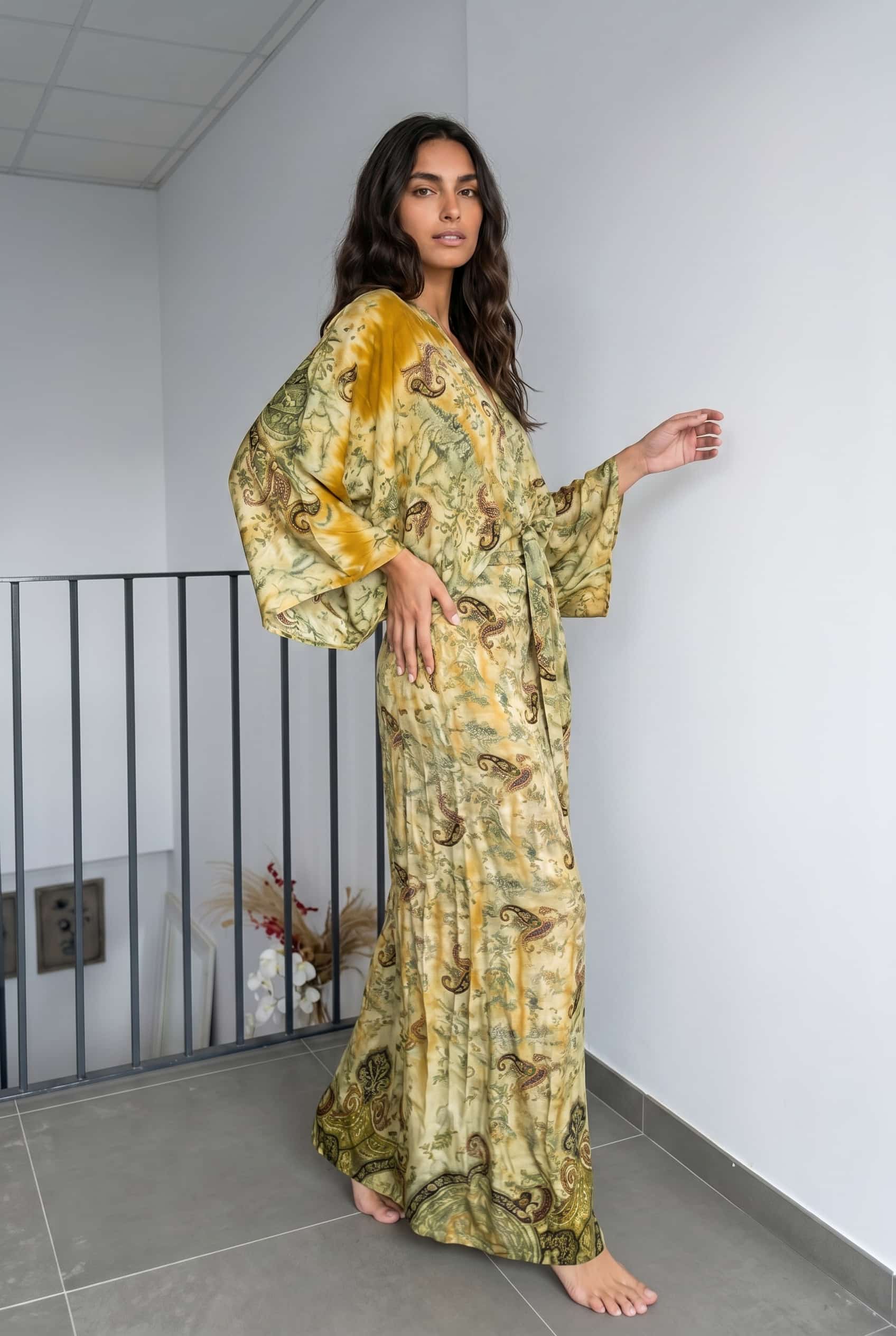 V-Neck Printed Slit Streamer Design Maxi Dress
