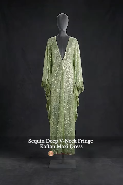 Sequin Deep V-Neck Fringe Kaftan Maxi Dress
