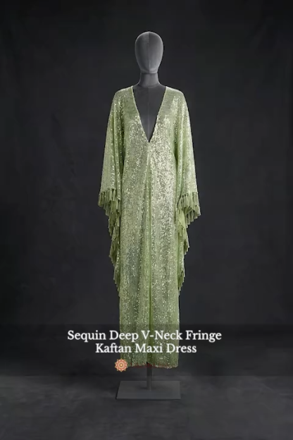 Sequin Deep V-Neck Fringe Kaftan Maxi Dress
