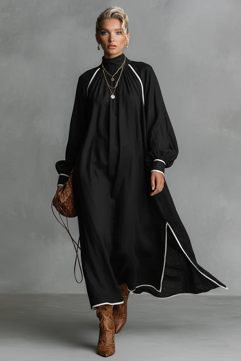 Casual Loose Linen Contrast Trim White Piping Slit Maxi Dress