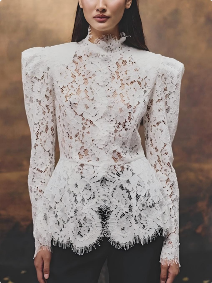Shoulder Pad Structure Floral Lace Lotus Leaf Waist Blouse