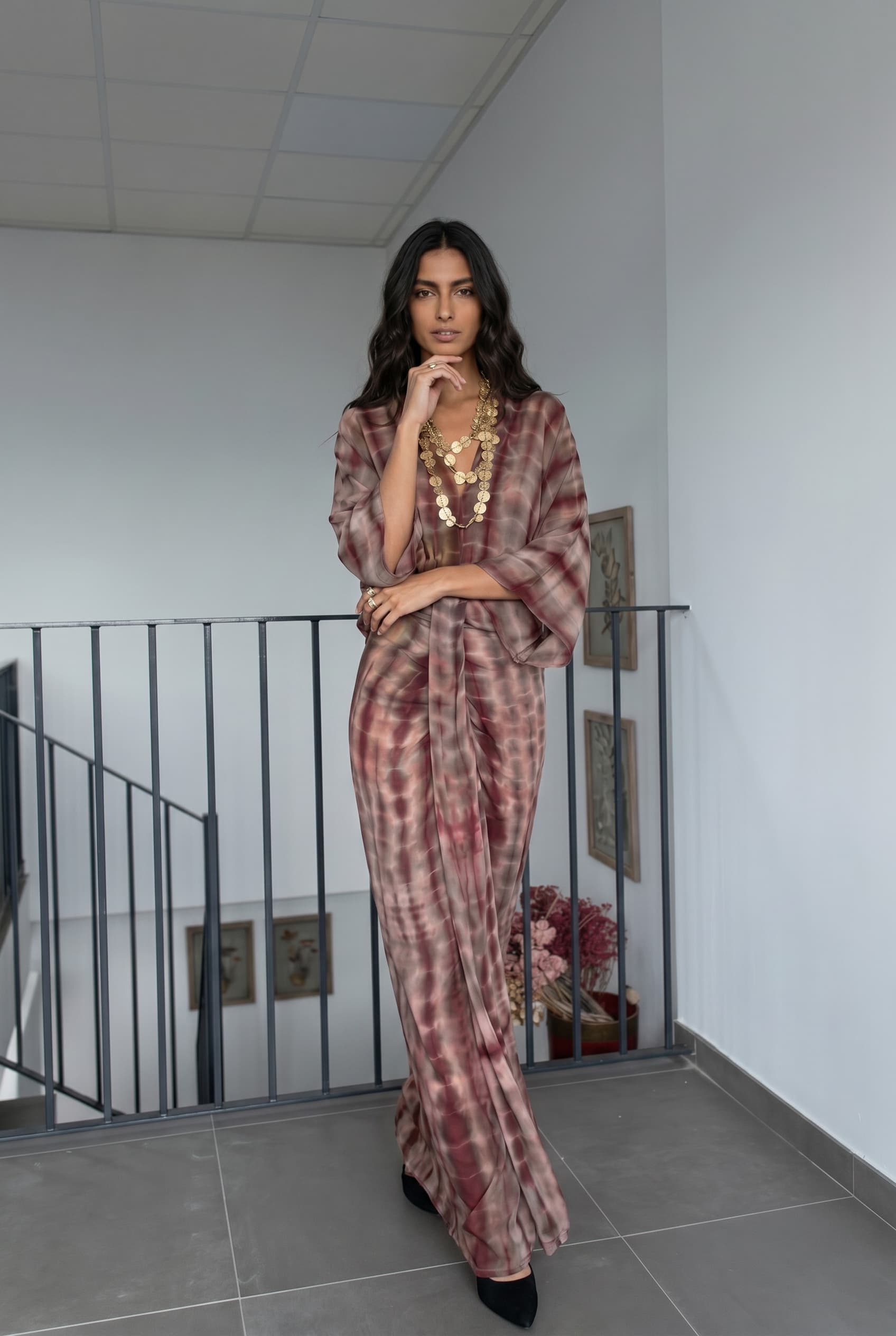 V-Neck Printed Slit Streamer Design Maxi Dress