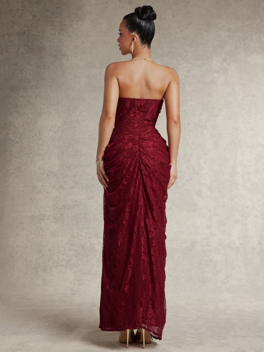 Strapless Ruched Lace Slit Maxi Dress in Burgundy