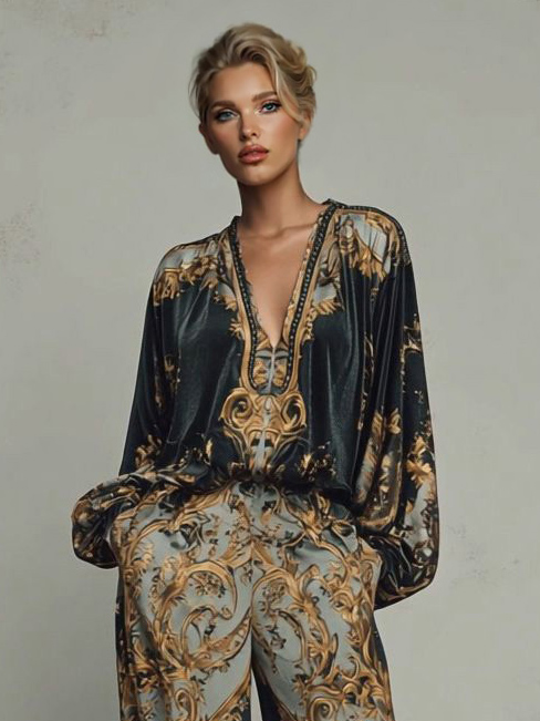 Retro Baroque Print Deep V-Neck Relaxed Fit Blouse
