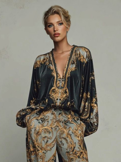 Retro Baroque Print Deep V-Neck Relaxed Fit Blouse