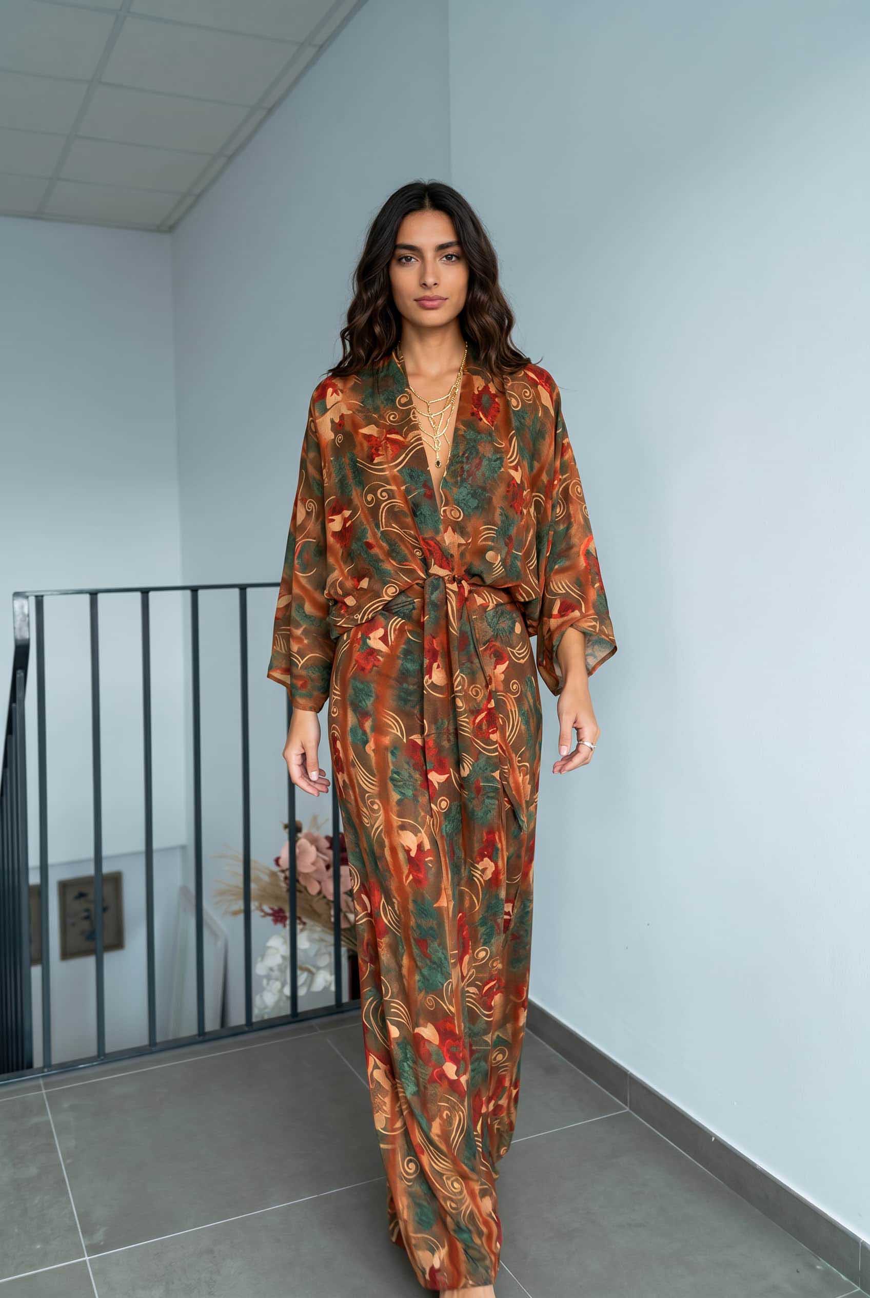 V-Neck Printed Slit Streamer Design Maxi Dress