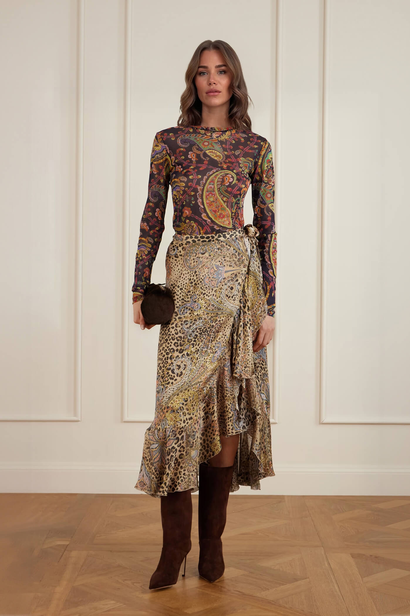 Unique Ruffled Leopard Print Paisley Satin Wrap Midi Skirt