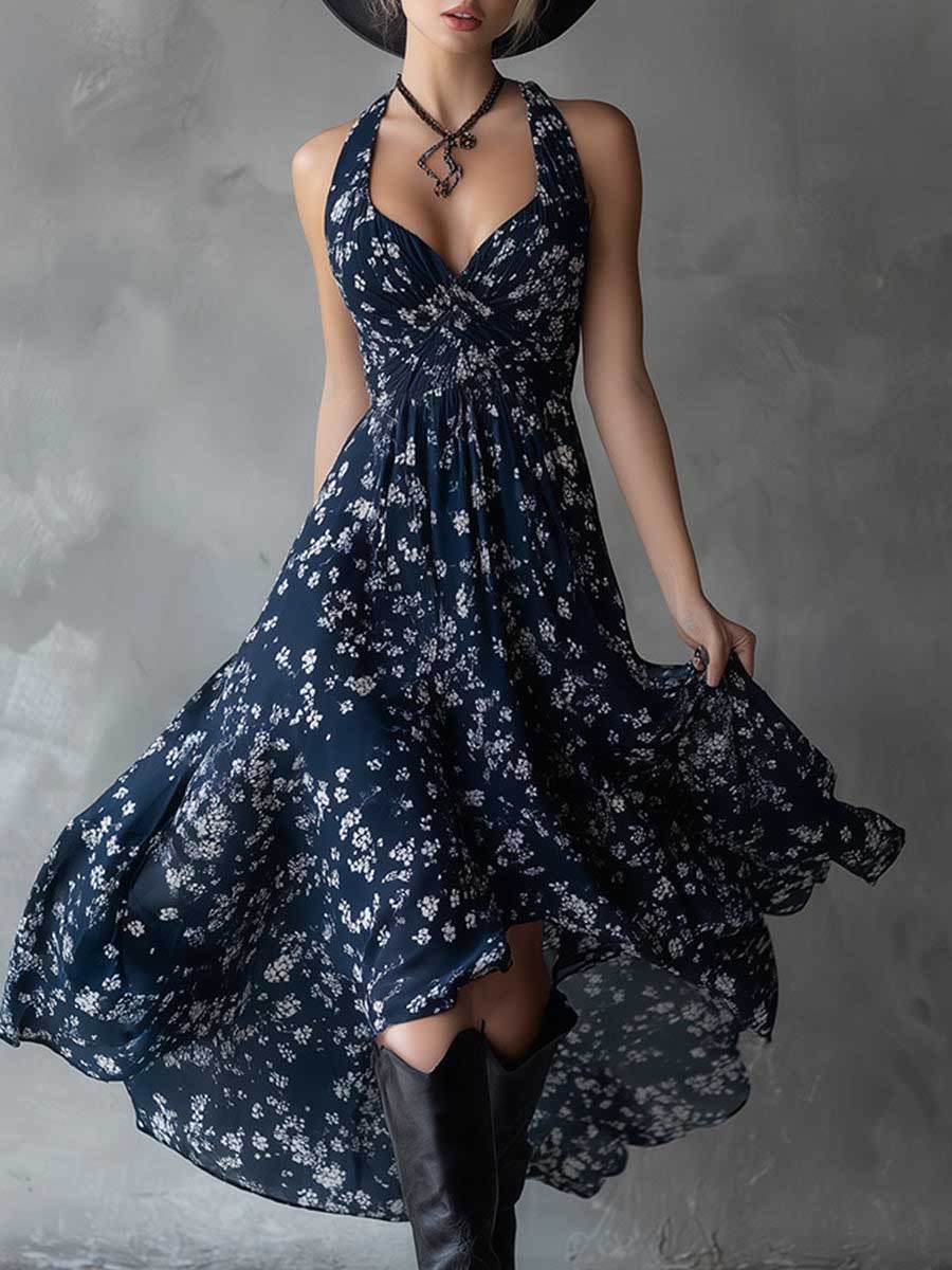 Retro Classic Floral Print Chiffon Flowy Maxi Dress