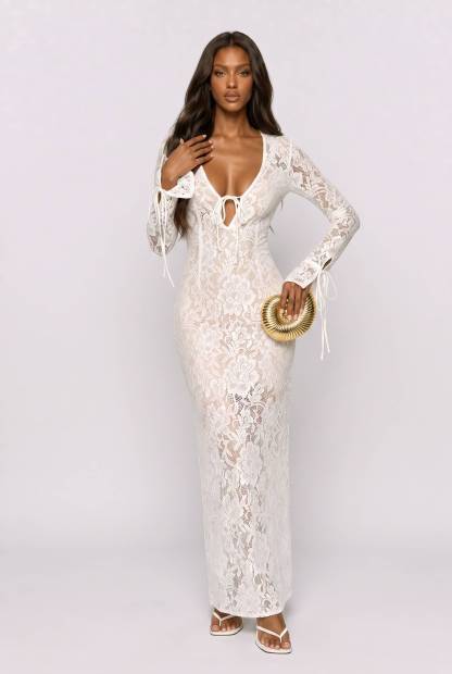 Deep V-Lace Floral Lace Cut-Out Maxi Dress