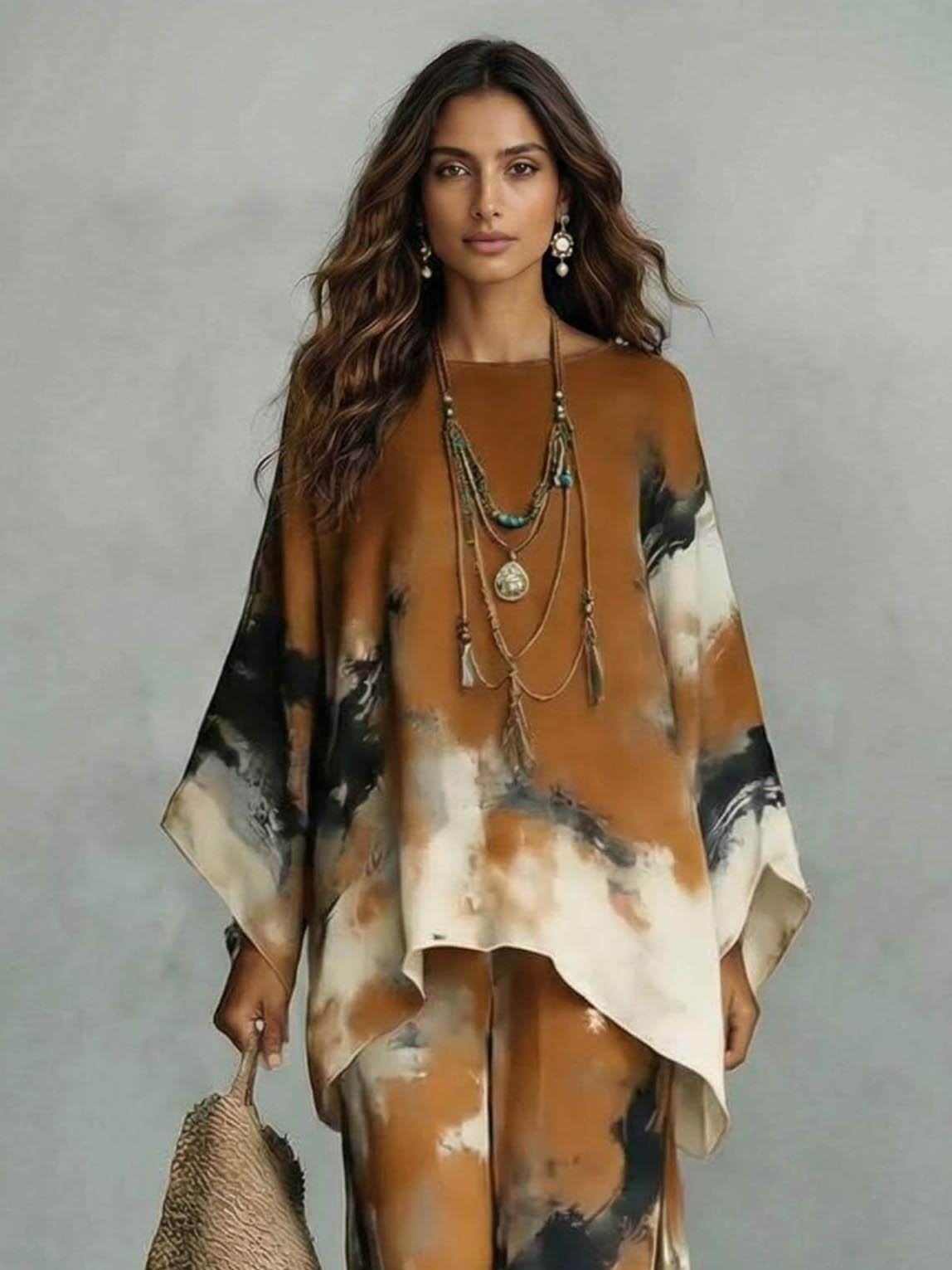 Elegant Tie-Dye Print Loose Kaftan Top & Pants Two-Piece Set