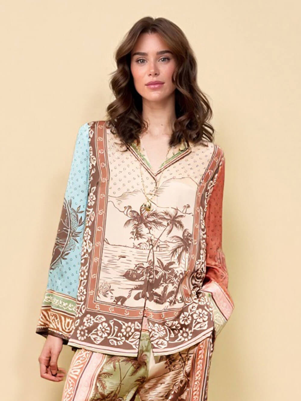 Unique Satin Floral Print Button-Up Shirt with Elastic Waist Pockets And Wide-Leg Pants Set