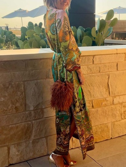 Unique Paisley Print Long Sleeve Maxi Dress