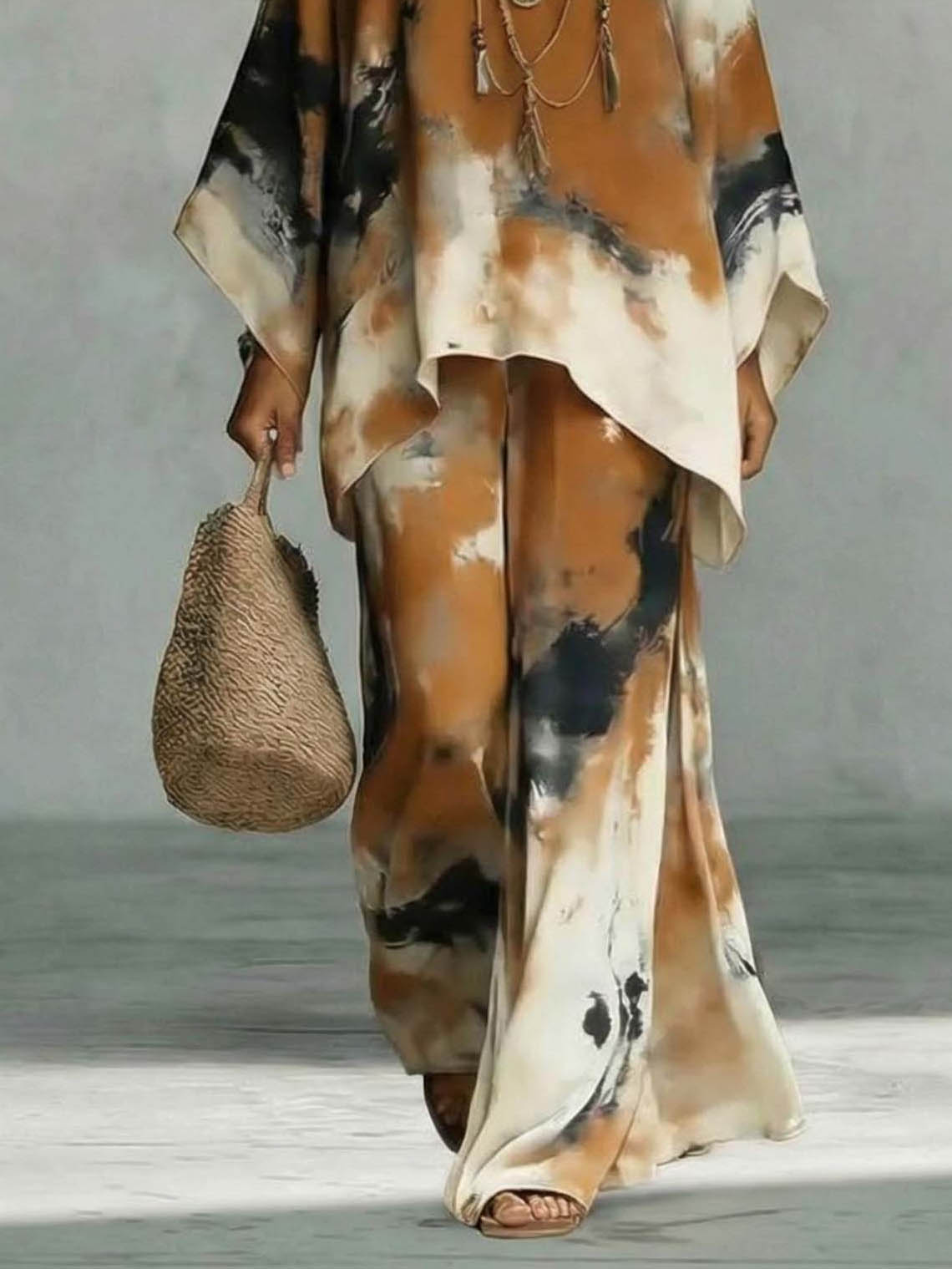 Elegant Tie-Dye Print Loose Kaftan Top & Pants Two-Piece Set