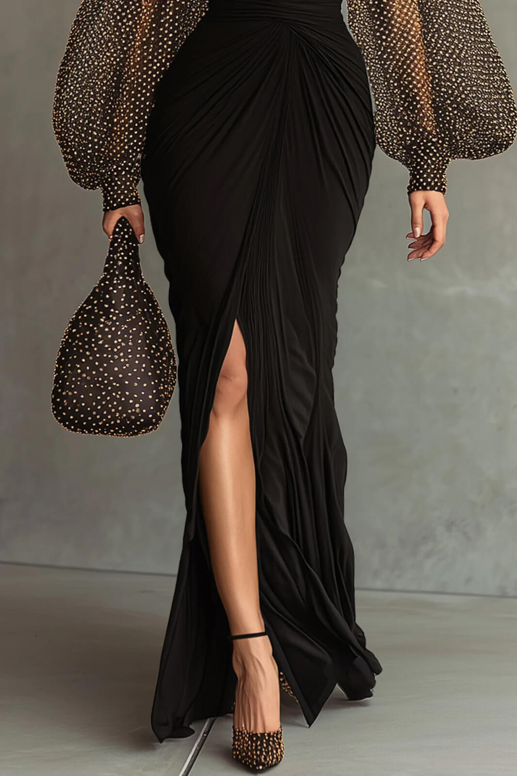 Elegant Mesh Polka Dot Ruched Waist Front-Slit Maxi Dress