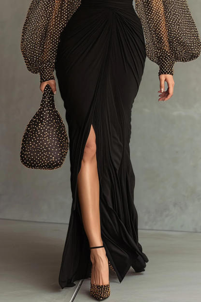 Elegant Mesh Polka Dot Ruched Waist Front-Slit Maxi Dress