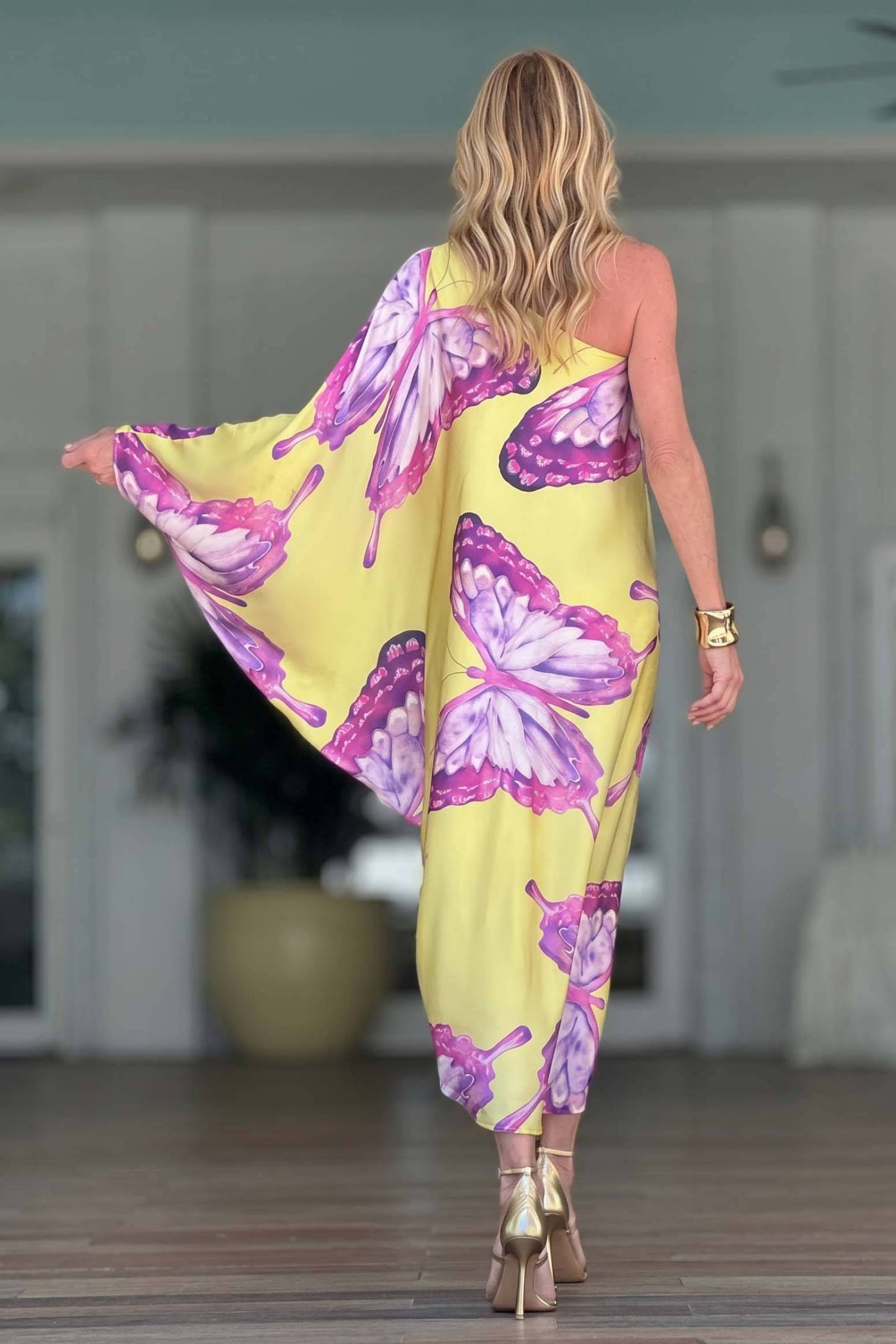 Butterfly-Printed Slant-Neck Dress