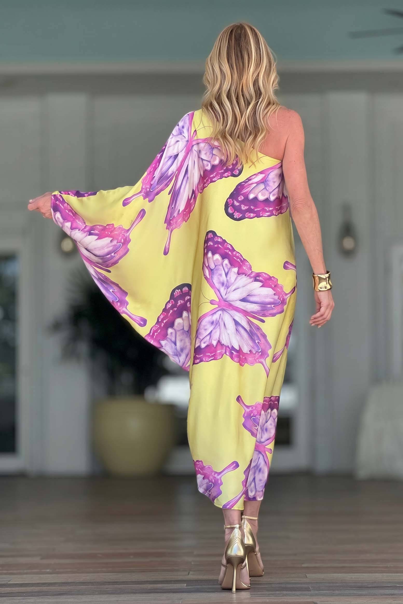 Butterfly-Printed Slant-Neck Dress